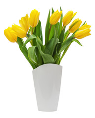 Flower bouquet from yellow tulips in vase isolated on white back