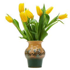 Flower bouquet from yellow tulips in vase isolated on white back