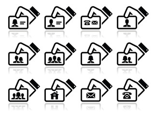 Hand holding business cards icons set