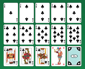 Set of playing cards of Clubs on green background.