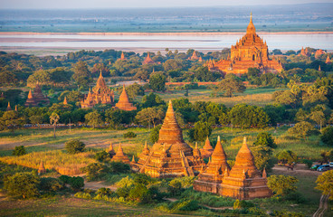 Ancient pagodas in Bagan with altitude balloon Myanmar © seqoya