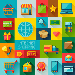 Background with internet shopping icons in flat design style.