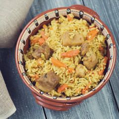 Pilaf with pork, view from above