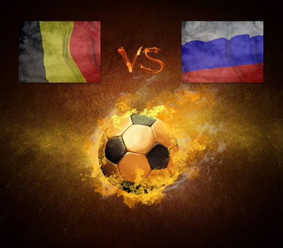 Hot Soccer Ball In Fires Flame, Friendly Game Belgium And Russia