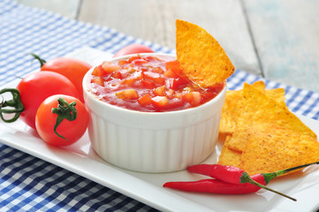 Bowl of salsa with tortilla chips