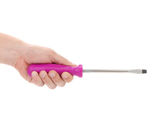 Screwdriver with pink handle in hands.