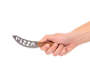 Hand holds pizza's knife.
