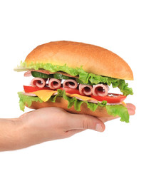 French baguette sandwich in hand.