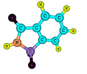 Saccharin molecular structure on white background