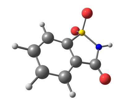 Saccharin molecular structure on white background