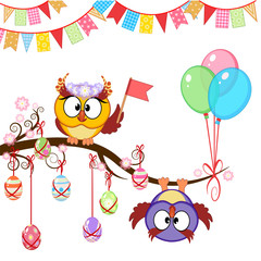 Greeting Easter card with owls
