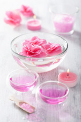 pink flower salt and essential oil for spa