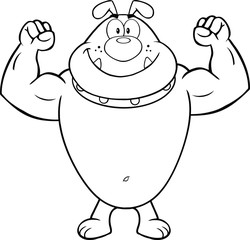 Black And White Smiling Bulldog Character Showing Muscle Arms