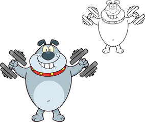 Smiling Gray Bulldog Cartoon Character Training With Dumbbells