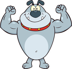 Smiling Gray Bulldog Cartoon Character Showing Muscle Arms