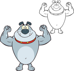 Smiling Gray Bulldog Cartoon Character Showing Muscle Arms