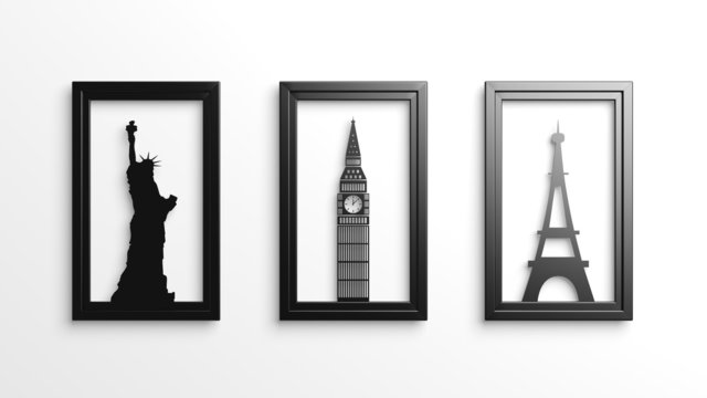 Set of worlds most famous landmarks in frames isolated