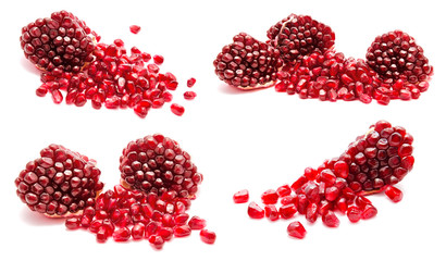 Collage of ripe pomegranate fruit seeds isolated on a white