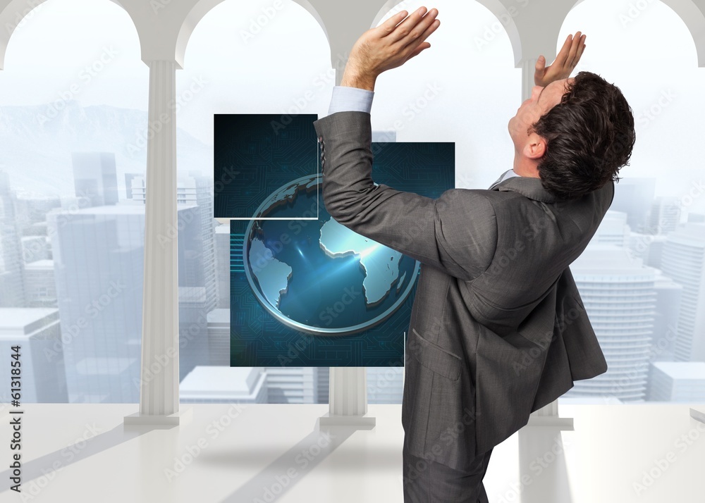 Poster composite image of businessman standing with arms pressing up