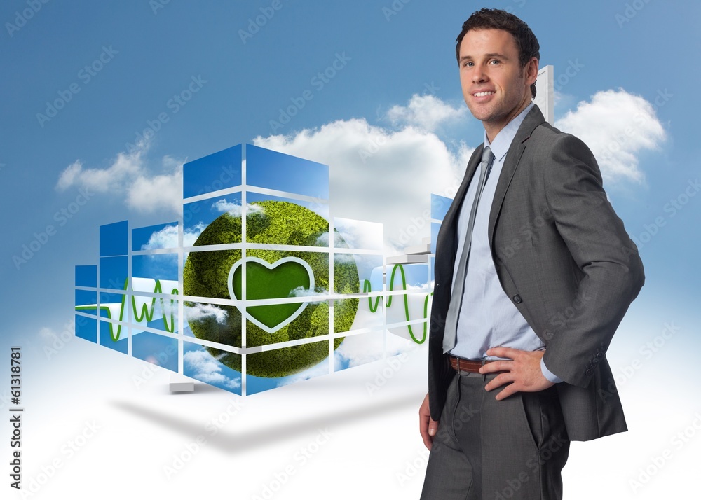 Poster composite image of smiling businessman with hand on hip