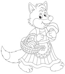 Fox walking with a basket of mushrooms