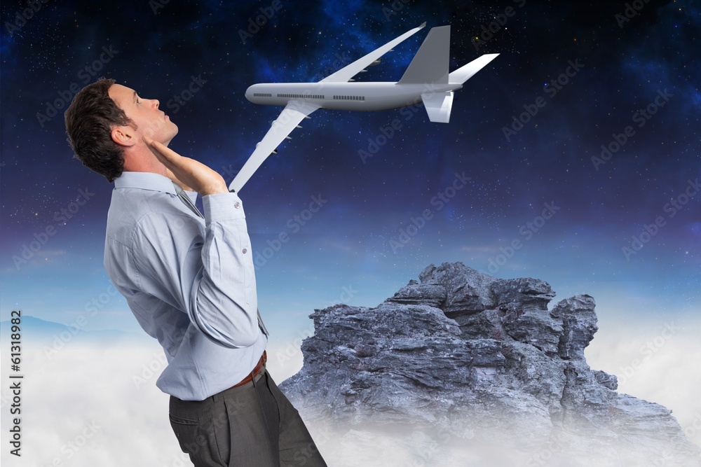 Poster composite image of businessman standing with arms pushing up