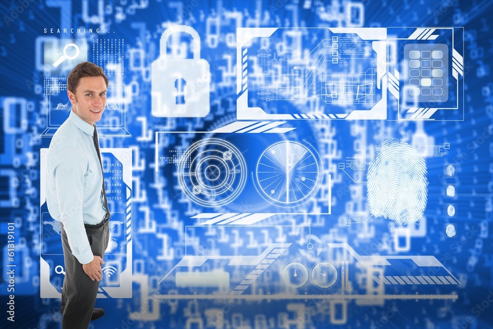 Poster Composite image of happy businessman standing with hand in
