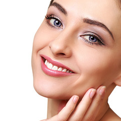 Obraz premium Beauty woman face with clean white teeth isolated
