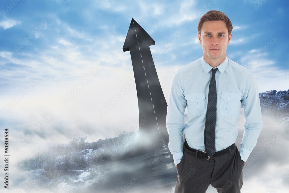 Poster composite image of serious businessman with hands in pockets