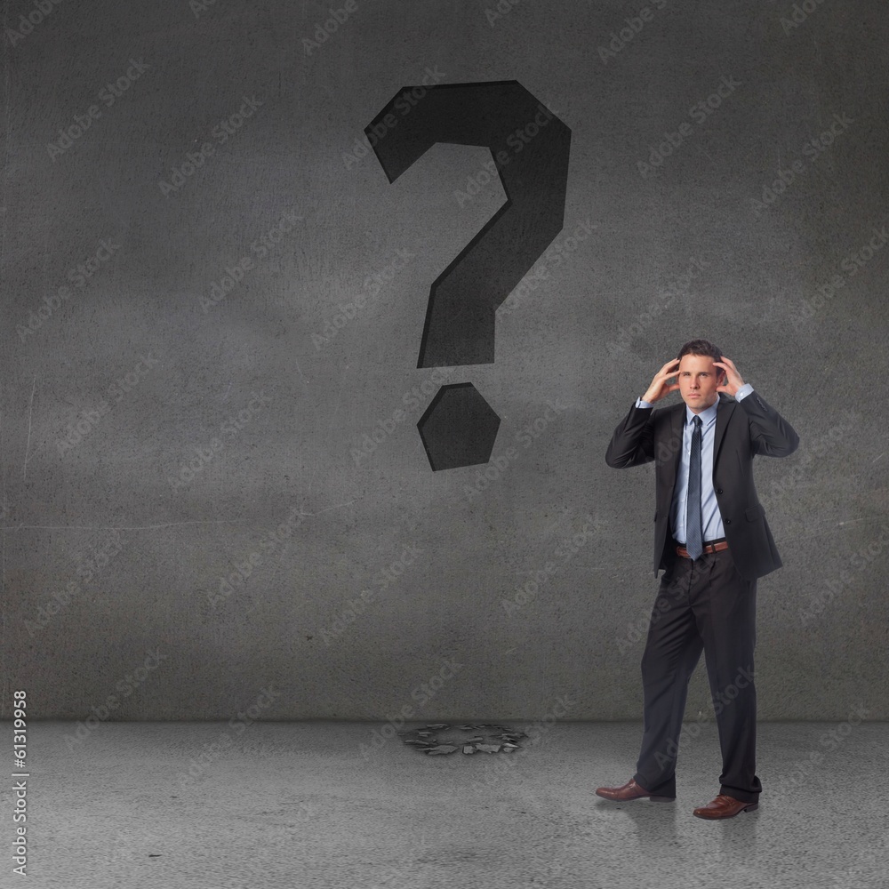 Poster composite image of stressed businessman with hands on head