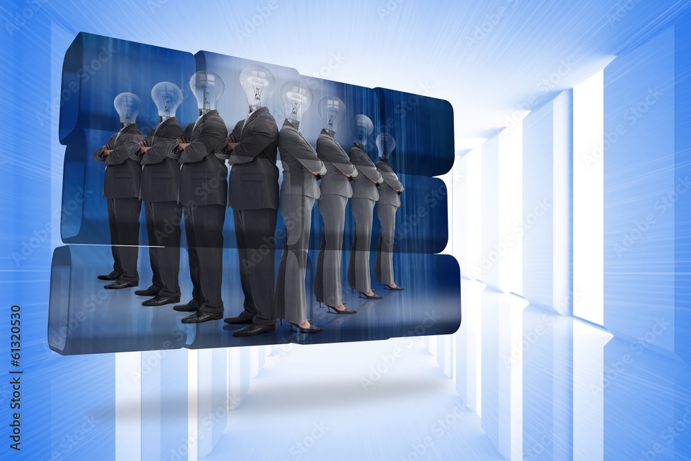 Poster composite image of light bulb business people on abstract screen