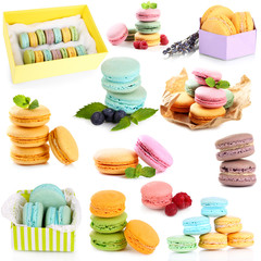 Collage of different gentle macaroons isolated on white