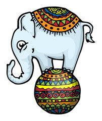 Funny elephant standing on ball