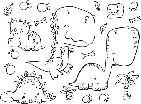 Dinosaur Doodle Sketch Vector Illustration Set