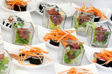 Sushi appetizers on a buffet table