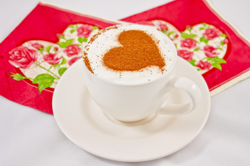 Romantic breakfast - cup of coffee with love, heart of cacao
