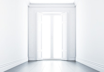 Empty white interior with shining door