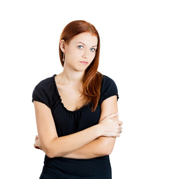 Annoyed displeased young  woman on white background 
