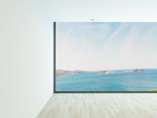 Empty living room interior with seascape view