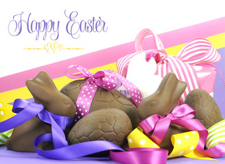 Colorful Happy Easter chocolate eggs hamper with text