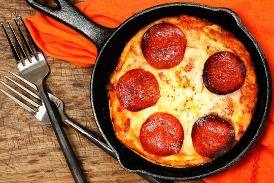 Skillet Peperonni Pizza on Table