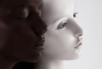 Cultural Diversity. Faces Colored Black & White. Yin Yang Style