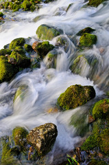 Fototapeta na wymiar Water flowing over mossy rocks