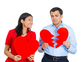 Couple, excited woman, sad man with broken heart