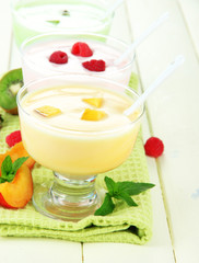 Delicious yogurt with fruit and berries on table close-up