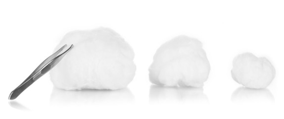 Wadding with tweezers isolated on white