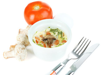 Omelet with mushrooms isolated on white