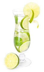 Glass of cocktail with lime and mint isolated on white