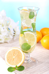 Glass of cocktail with lemon and mint