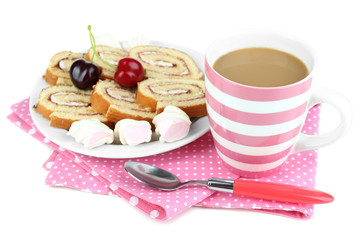 Cup of tea and sweets isolated on white